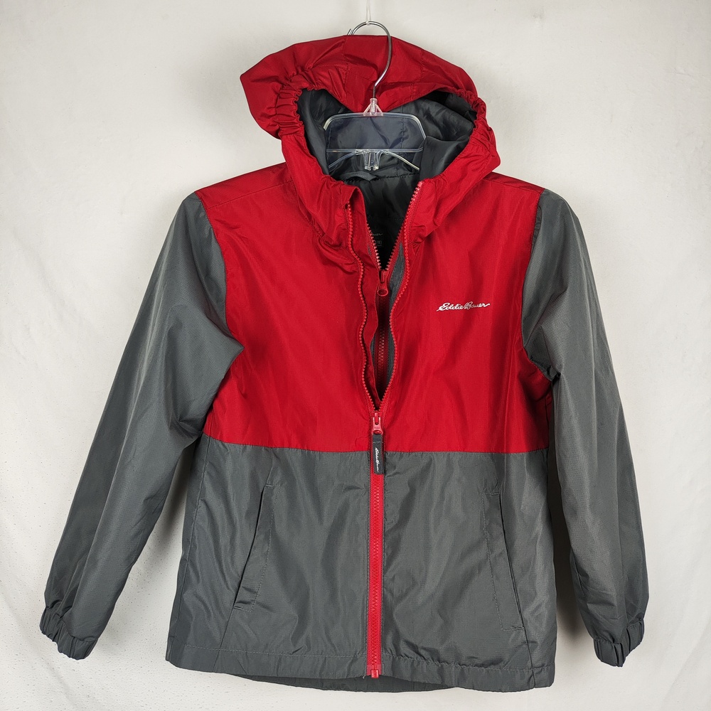 Eddie Bauer Jacket Youth Small 7/8 Red Gray Hooded Colorblock Zip Windbreaker